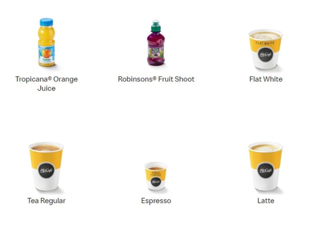 Tropicana Orange Juice, Robinsons Fruit Shoot, Flat White, Tea Regular, Espresso and Latte are all on the menu