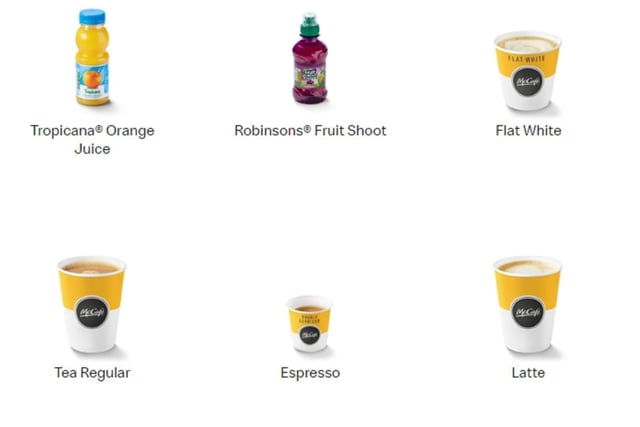 Tropicana Orange Juice, Robinson's Fruit Shoot, Flat White, Tea Regular, Espresso and Latte are all on the menu