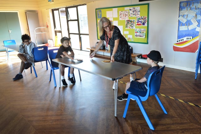 St Leonards CE Primary School reopens to pupils. Monday, June 1.

Headteacher Marie Burgess serving the children of key workers at the school's breakfast club.

(Photos only to be used within Sussex Newspapers) SUS-200106-100438001