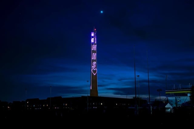 Northampton's lift tower lit up for the first time to pay thanks to the NHS amid the fifth week of the pandemic. The spectacular laser-light display could be seen from as far as the train station.