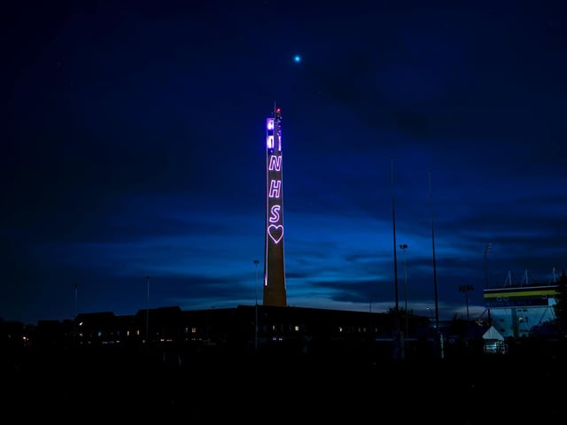 Northampton's lift tower lit up for the first time to pay thanks to the NHS amid the fifth week of the pandemic. The spectacular laser-light display could be seen from as far as the train station.