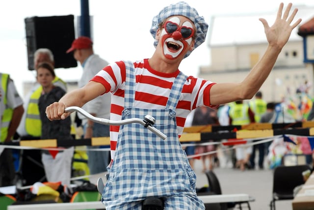 Seaside antics from Zaz the clown for the inaugural Hell and High Water event in 2009. Picture: Bill Shimmin C091638-1