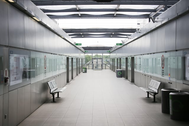 The shuttle transit area at Gatwick Airport's  north terminal has socially-distanced seating  SUS-200906-105410001