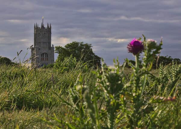 Aaron Horton's view of Fotheringhay Castle from  the top of the hill where the castle once stood