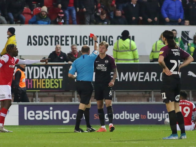 Posh were the 12th best behaved team in League One according to the FA’s Fairplay table which recorded five red cards and 70 cautions for Darren Ferguson’s men. The players sent off were Mark Beevers (v Gillingham), Siriki Dembele (Lincoln), Frankie Kent (Rotherham, pictured), Louis Reed (Lincoln) and Nathan Thompson (Oxford).
Ivan Toney (12) collected the most Posh cautions followed by Dan Butler (9), Niall Mason (7), Thompson (7) and Alex Woodyard (5).