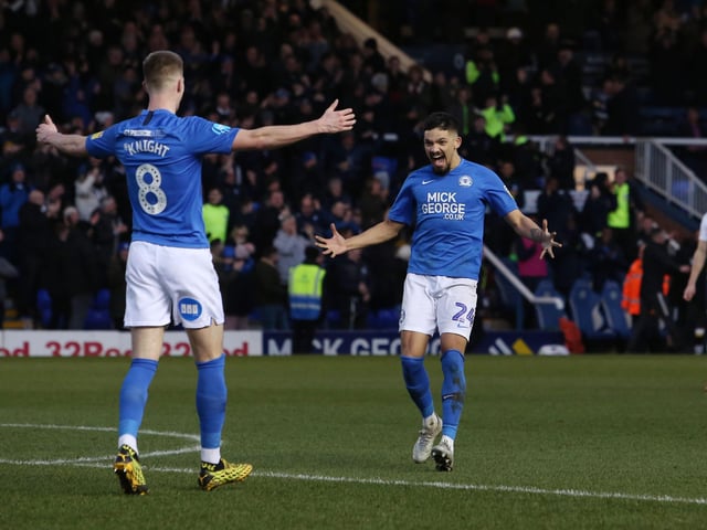 The best Posh winning streak of the season was six matches as Wycombe, Rotherham, Accrington, Ipswich, Oxford and Southend were all vanquished in January and February. Posh tended to win win in spurts and only the 1-0 win over Bolton in December didn’t either follow or precede another win.
The worst losing streak was four games over the festive season against Doncaster, Rotherham, Lincoln and Burnley.
Josh Knight is pictured with Niall Mason (right) after scoring in the 4-0 win over Oxford.