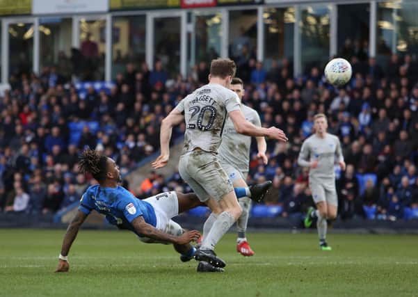 Ivan Toney scores the final Posh goal of the 2019-20 season against Portsmouth.