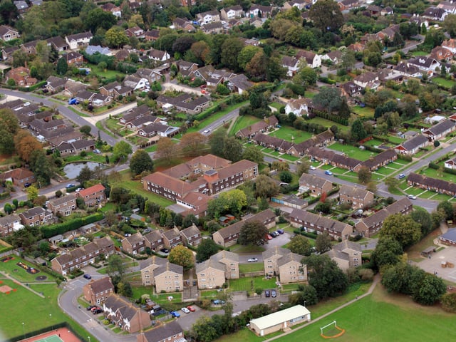Henfield, looking south west. St Peter's Primary School is bottom right. Photo by Derek Martin D11415465a