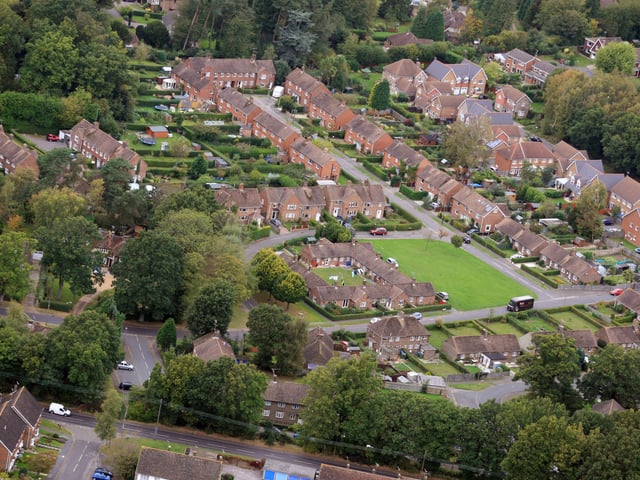 Storrington looking north west.Thakeham Road runs along the across the bottom left corner. Photo by Derek Martin D11415390a