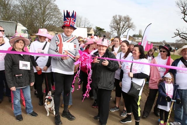 Crazy Hat's Wicksteed Park walks have been supported by Kettering's MP Philip Hollobone, seen here cutting the ribbon in 2016 with Glennis Hooper. (Photo Alison Bagley)