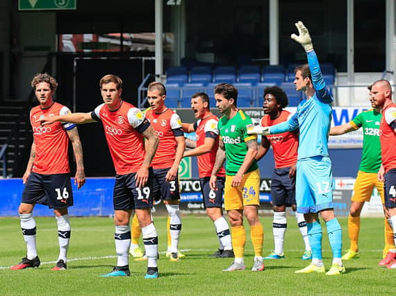 Luton get ready for a Preston corner during their 1-1 draw at Kenilworth Road