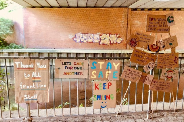 Message from the community cardboard sign display during the lockdown in an underpass atSpiceball Park, Banbury (photo by Tila Rodrguez Past)