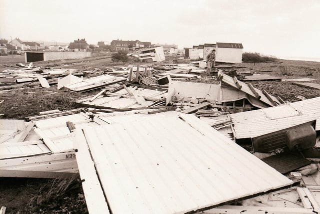 Beach huts on Shoreham Beach were destroyed by the winds