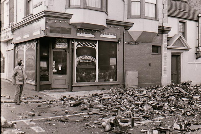 Debris strewn across Western Place, Worthing, the morning after the Great Storm