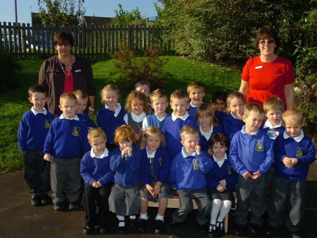 Reception class '08. news. Farcet reception pupils with teachers (l-r), Sam Avenell and Kate Pilling