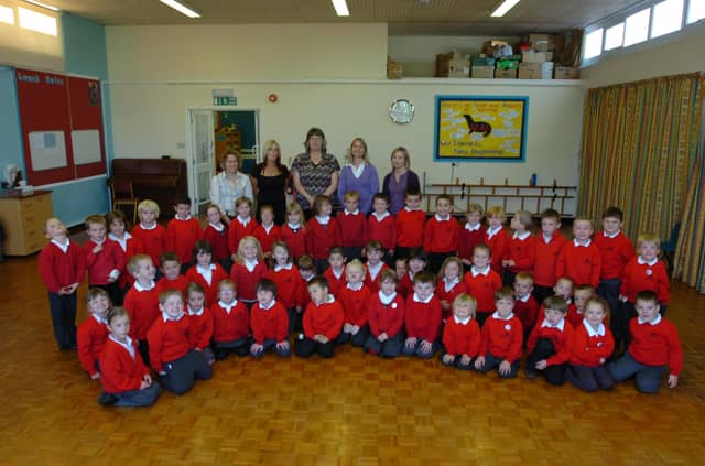 Reception class 08. sawtry infant school reception pupils with staff (back l-r), Catherine Dickens, Kim Bristow, Hazel Hewett, Kathy Chivers, Donna Di Iona.