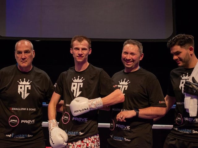 Ryan Conway celebrates his debut victory at The Deco with his dad James and the rest of the Team Shoe-Box crew