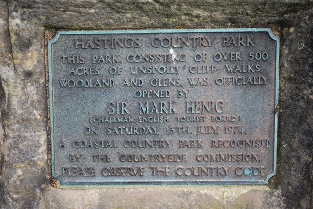 File: Hastings Country Park 30/6/21

Plaque in the car park: Hastings Country Park was opened by Sir Mark Henig, Chairman English Tourist Board, on Saturday 13th July 1974. SUS-211014-120054001