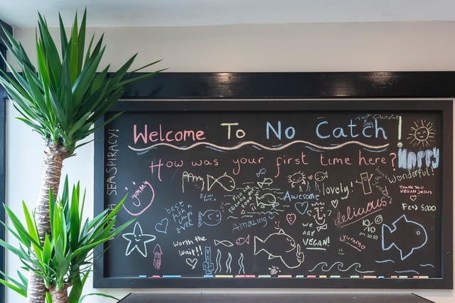 Some positive feedback on the board after the opening day at the No Catch vegan fish and chip shop in Kings Road, Brighton
