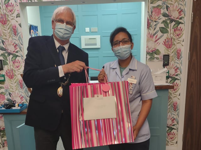 Haywards Heath town mayor Howard Mundin and his consort Margaret Baker delivered treat bags to every care home in town for Silver Sunday. Picture: Haywards Heath Town Council.