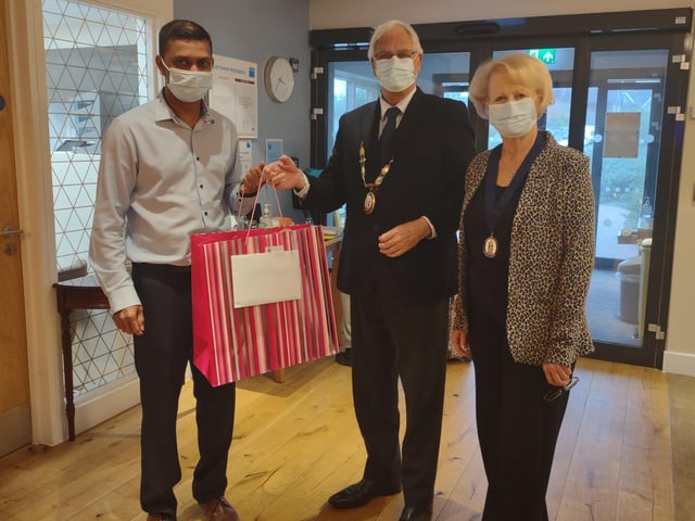 Haywards Heath town mayor Howard Mundin and his consort Margaret Baker delivered treat bags to every care home in town for Silver Sunday. Picture: Haywards Heath Town Council.