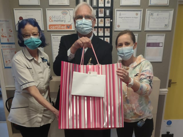 Haywards Heath town mayor Howard Mundin and his consort Margaret Baker delivered treat bags to every care home in town for Silver Sunday. Picture: Haywards Heath Town Council.