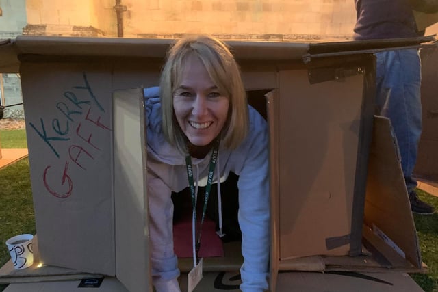 Stonepillow staff member Kerry Russell in her carboard shelter