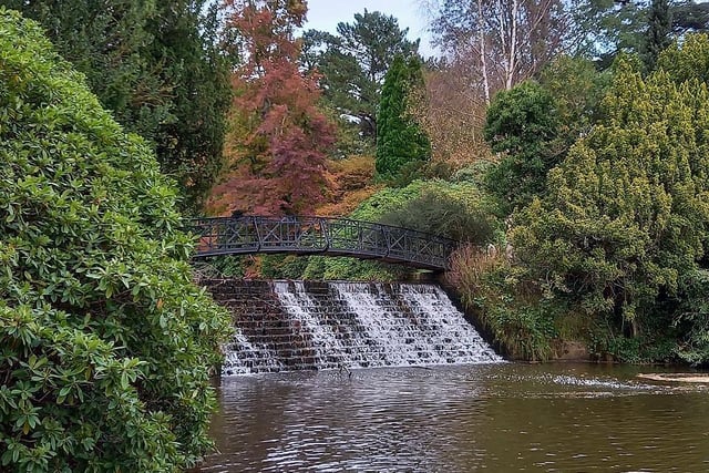 Autumn colours provide the perfect backdrop for the water falling gently under a footbridge