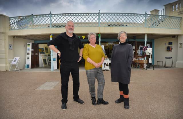 L-R: Julian Sutherland-Beatson (Gallery Sussex), Rachel Hoath (Rachel's Glass Store) and Charlotte Arundell (Starlings on Sea) outside their retail units, The Colonnade, Bexhill. SUS-211015-134205001