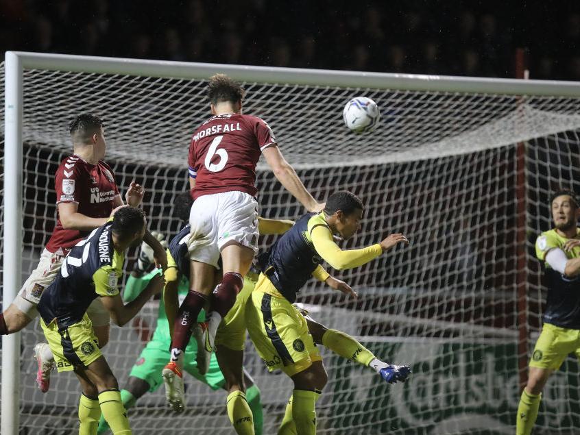 Fraser Horsfall climbs brilliantly to head in Pinnock's corner for his second goal in two games. Pictures: Pete Norton.