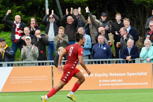 Action and goal celebrations from Worthing's amazing clash with Lewes at Woodside Road, which finished 5-4 to the hosts / Picture: Stephen Goodger