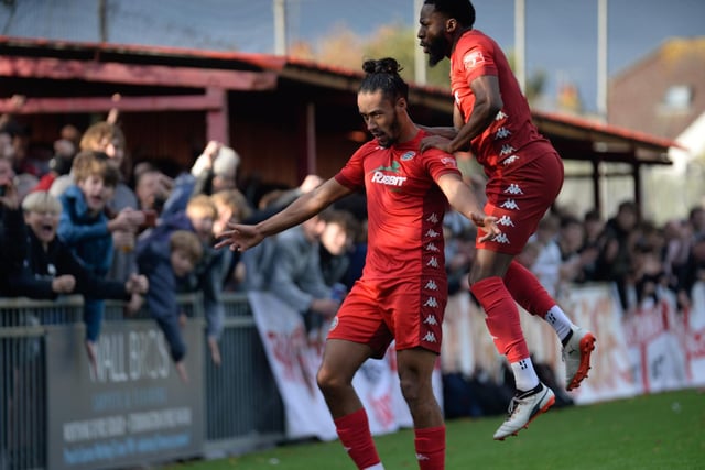 Action and goal celebrations from Worthing's amazing clash with Lewes at Woodside Road, which finished 5-4 to the hosts / Picture: Marcus Hoare