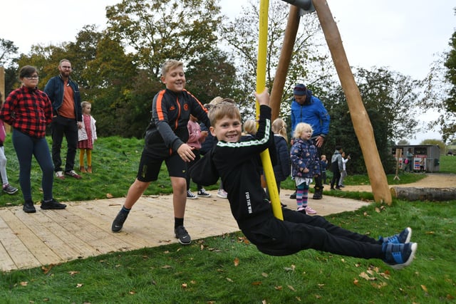 The new Fox play area at Ferry Meadows. Cody Strangward and Ashton Wathen on the zip wire. EMN-211026-140943009