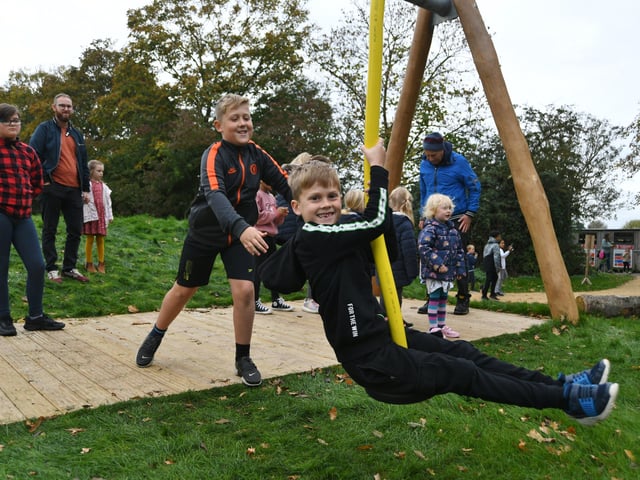 The new Fox play area at Ferry Meadows. Cody Strangward and Ashton Wathen on the zip wire. EMN-211026-140943009