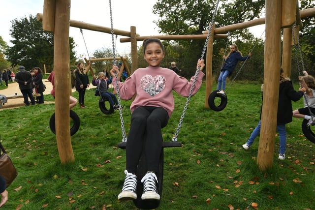 The new Fox play area at Ferry Meadows. Quinn Whitehorn (9) swinging for fun. EMN-211026-140931009
