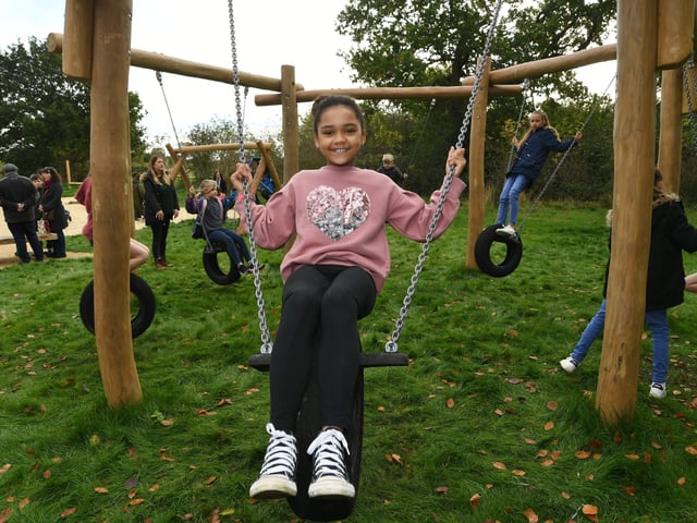 The new Fox play area at Ferry Meadows. Quinn Whitehorn (9) swinging for fun. EMN-211026-140931009