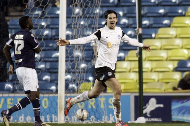 George Boyd celebrates a goal for Posh during a memorable 5-1 win at Millwall in a 2013 Championship fixture. Boyd left on loan to Hull City after this game and helped Steve Bruce's side to promotion to the Premier League that season.