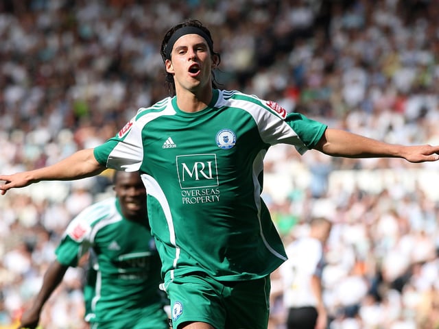 George Boyd celebrates a goal for Posh at Derby on the opening day of the 2009-10 Championship season. It was first second tier Posh goal for 15 years. Photo: Nick Potts/PA