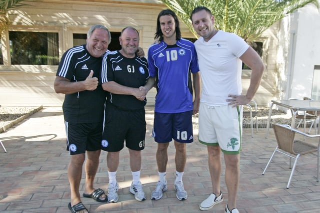 Barry Fry, then Posh manager Gary Johnson, George Boyd and Darragh MacAnthony during a pre-season training camp in Portugal in 2010. Boyd had just been persuaded to sign a new Posh contract.