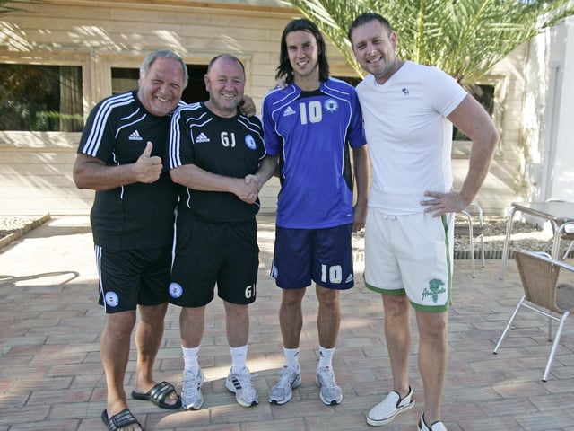 Barry Fry, then Posh manager Gary Johnson, George Boyd and Darragh MacAnthony during a pre-season training camp in Portugal in 2010. Boyd had just been persuaded to sign a new Posh contract.