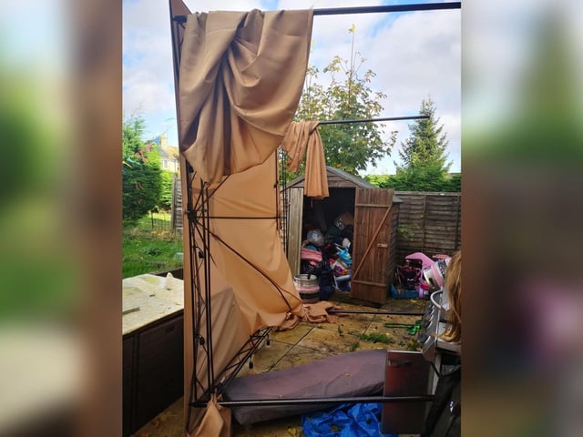 Samatha Cruickshanks back garden in Corby, with a gazebo in its side