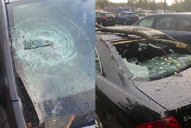 Two cars damaged by debris from the storm. Photos: Bella Khan and Miranda Powell