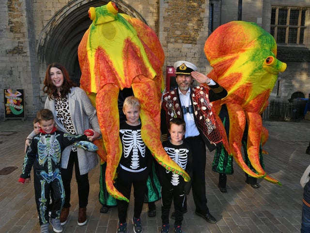 Admiral Artemis with his Octupuses in the City Centre as part of the Unlocking Peterborough festival of circus, music and art. EMN-211030-180721009