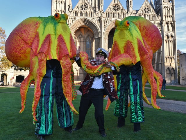 Admiral Artemis with his Octupuses in the City Centre as part of the Unlocking Peterborough festival of circus, music and art. EMN-211030-180647009