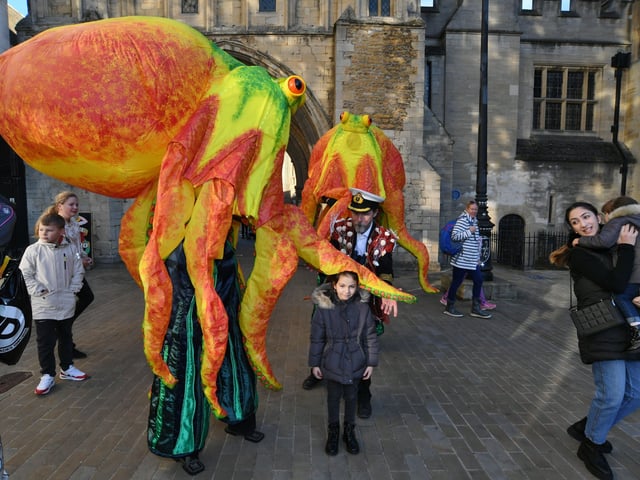 Admiral Artemis with his Octupuses in the City Centre as part of the Unlocking Peterborough festival of circus, music and art. EMN-211030-180710009