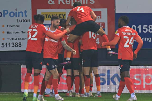Luton's players celebrate Harry Cornick's strike against Middlesbrough