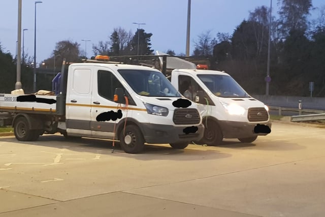 This images was posted by Sussex Roads Police at 8.42pm on Tuesday, November 2. "The Commercial vehicle unit stopping light goods vehicles tonight on the A23. 2 overweight Transits one by 41%. Insecure load and tyre offences found an dealt with. #CF566 #CVU #HANDCROSS" SUS-210411-110656001