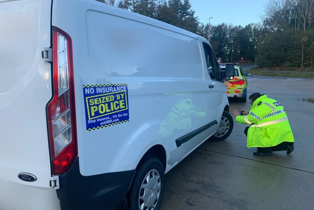 This picture was shared by Sussex Roads Police at 8.16am on Monday, November 1." A23 - Van subject to an @OpTutelage  marker for no insurance. Cord showing on tyre and driver confirmed not insured. Driver reported to court for both offences. Vehicle seized S165 RTA." SUS-210411-112001001