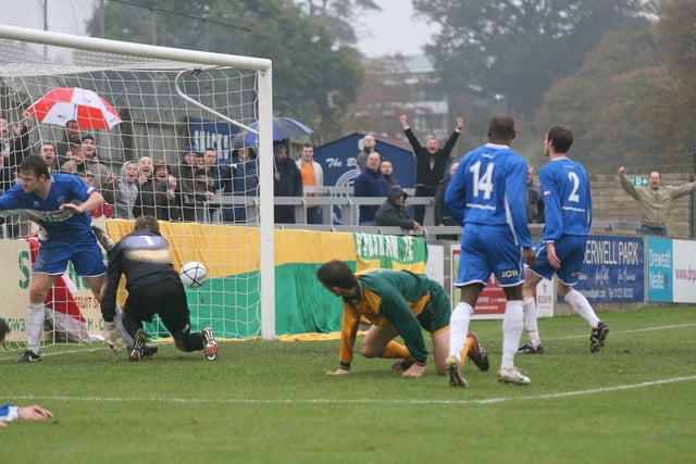 Carl Rook fires home for Horsham in their 3-2 win at Chippenham Town in the fourth qualifying round