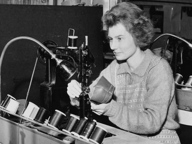 20th February 1964: Uppers being stitched at a shoe factory in Northampton. (Photo by George Freston/Fox Photos/Getty Images)